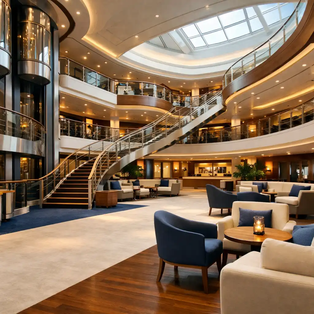 Wielopoziomowe atrium statku wycieczkowego ze schodami, galeriami i windami
