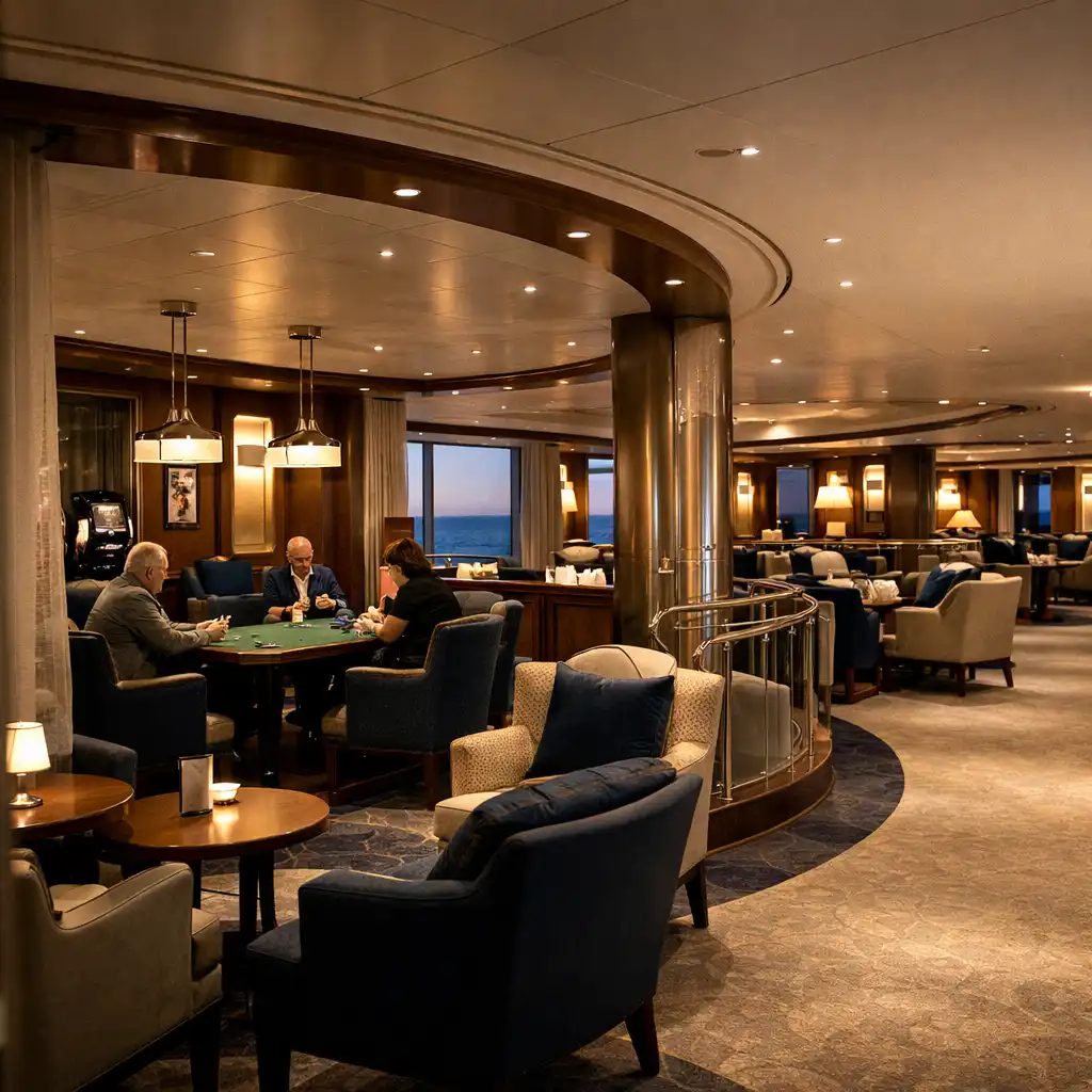 Elegancki lounge przy strefie kasyna na statku z fotelami i niskimi stolikami