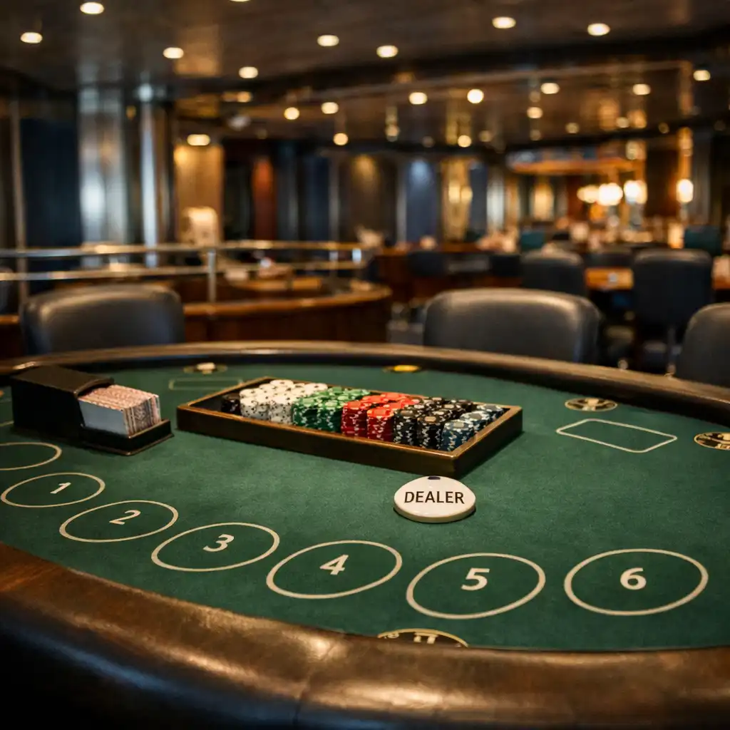Fizyczny stół pokerowy na statku z oznaczonymi miejscami, kartami, żetonami i stanowiskiem prowadzącego.