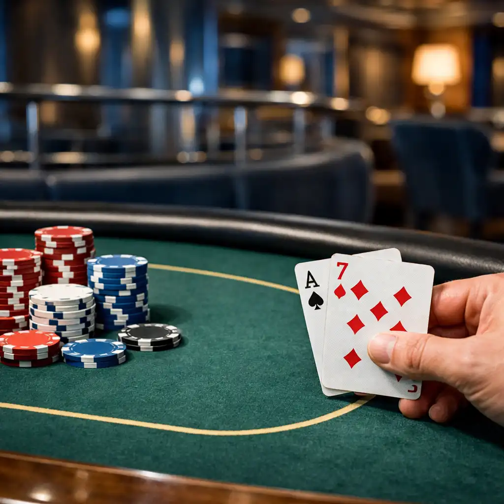 Zbliżenie na fizyczne karty i uporządkowane żetony przy stole pokerowym na statku.