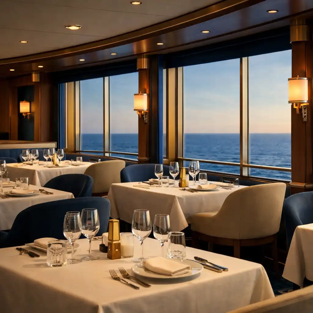 Elegancka restauracja na statku wycieczkowym ze stolikami przy panoramicznych oknach i widokiem na ocean