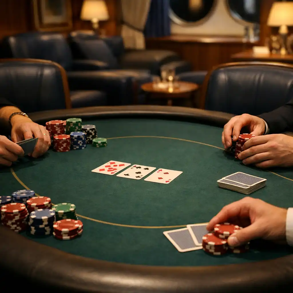 Fizyczny stół pokerowy na statku z kartami, kolorowymi żetonami i dłońmi uczestników