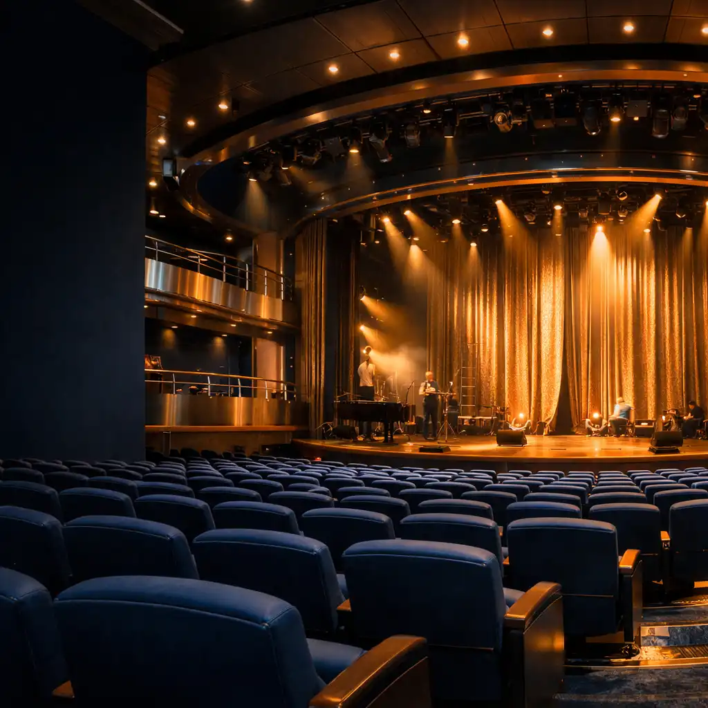 Widownia współczesnego teatru pokładowego z granatowymi fotelami i ciepło oświetloną sceną